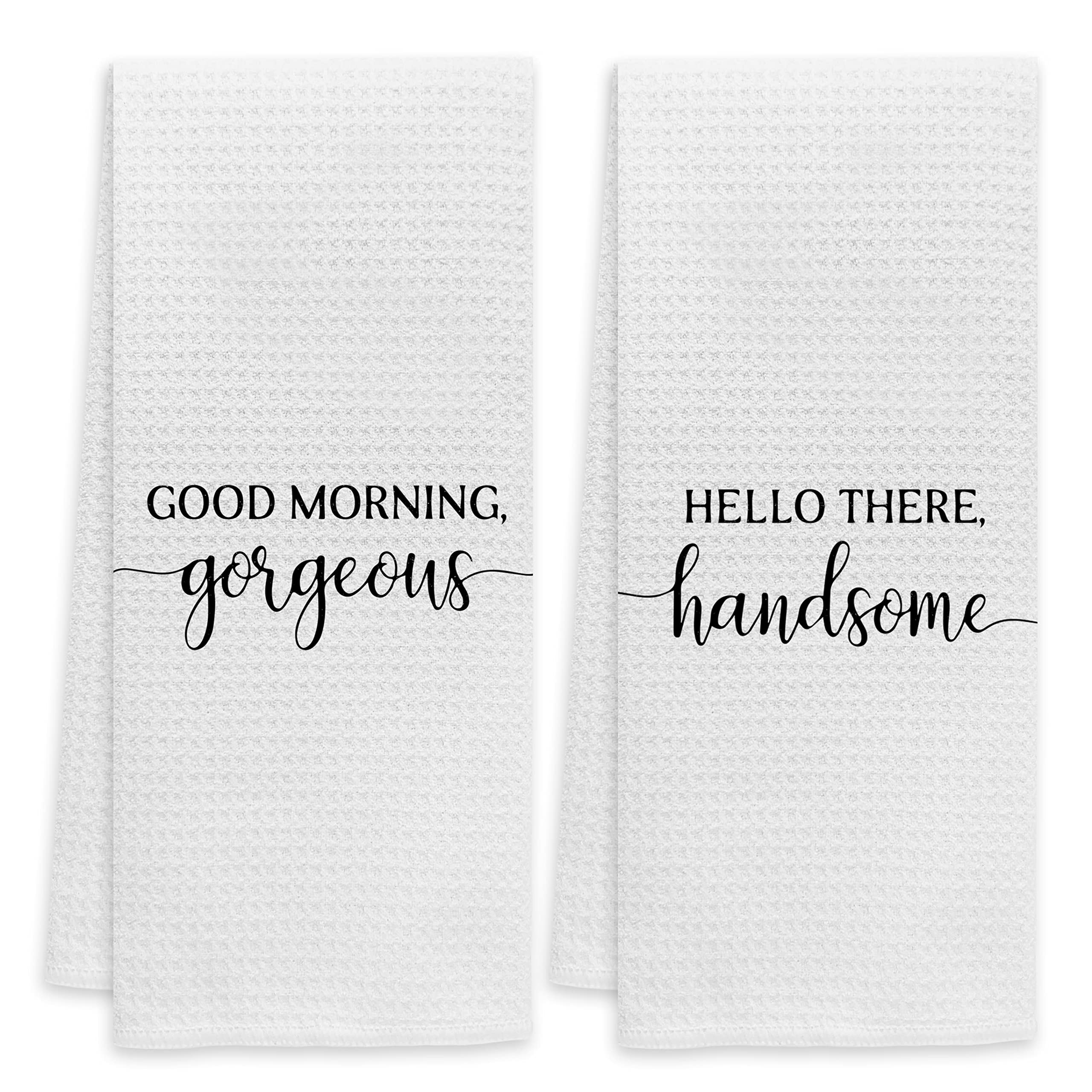 Voatok Good Morning Gorgeous Hello There Handsome Bath Towel, Couples Gifts Set of 2 Decorative Towels,Gifts for Husband Wife Newlyweds