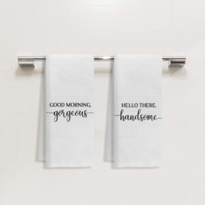 Voatok Good Morning Gorgeous Hello There Handsome Bath Towel, Couples Gifts Set of 2 Decorative Towels,Gifts for Husband Wife Newlyweds