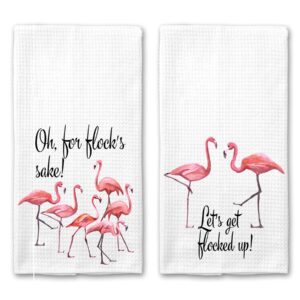 flocks sake and flocked up retro flamingo funny saying kitchen towel gift - set of 2