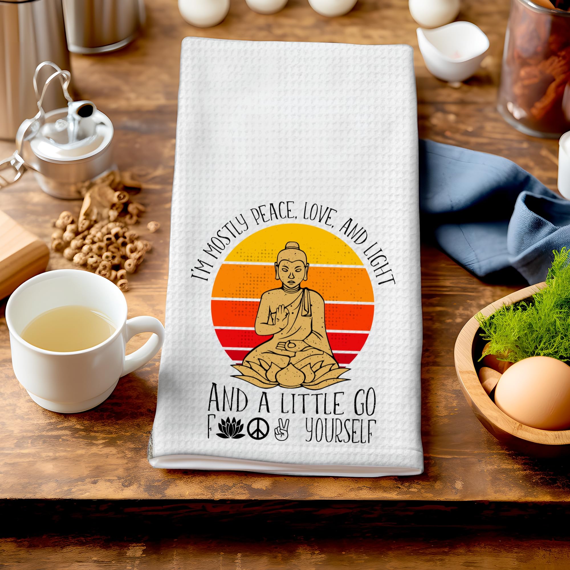 I'm Mostly Peace, Love and Light Adult Funny Retro Yoga Kitchen Tea Bar Towel Gift for Women