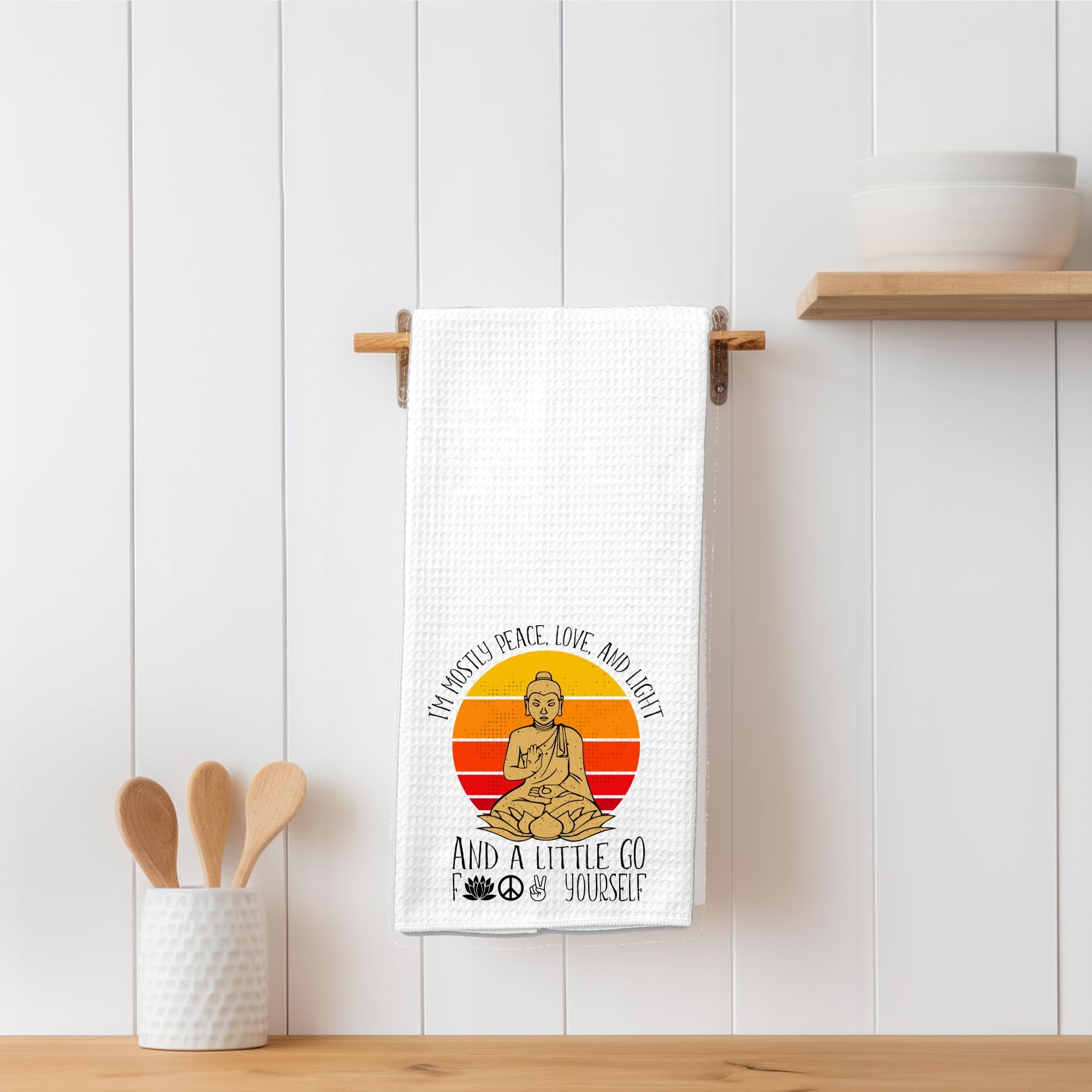 I'm Mostly Peace, Love and Light Adult Funny Retro Yoga Kitchen Tea Bar Towel Gift for Women