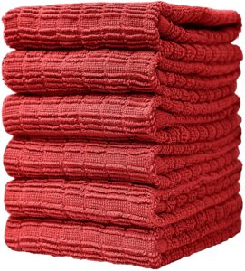 bumble premium kitchen towels (16”x 28”) red ribbed check design | soft, highly absorbent with hanging loop | natural ring spun cotton | large kitchen hand towels | tea towels set | 380 gsm - 6 pack