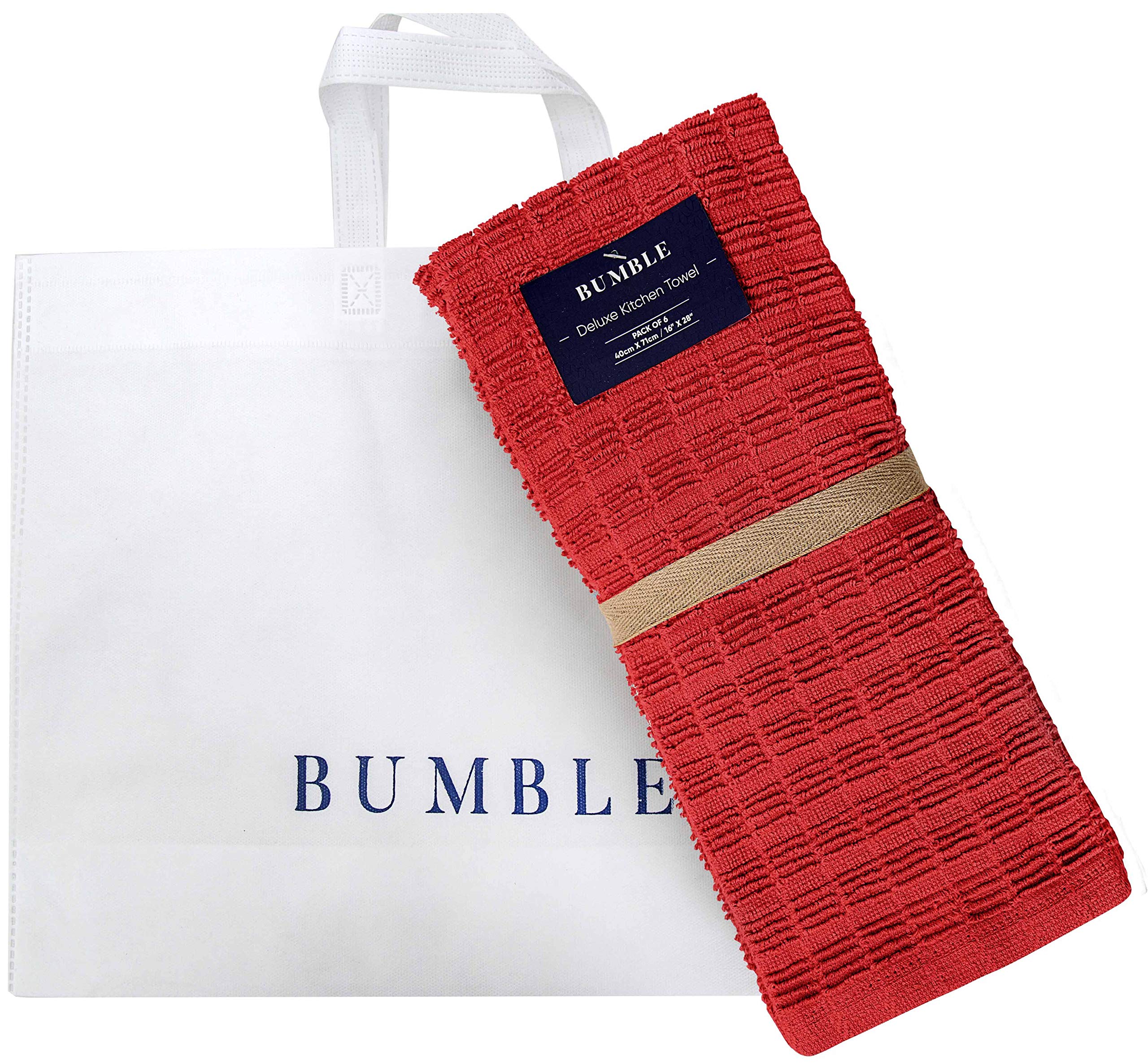 Bumble Premium Kitchen Towels (16”x 28”) Red Ribbed Check Design | Soft, Highly Absorbent with Hanging Loop | Natural Ring Spun Cotton | Large Kitchen Hand Towels | Tea Towels Set | 380 GSM - 6 Pack