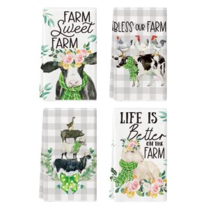 artoid mode cattle sheep chickens duck farm sweet farm kitchen towels dish towels, 18x26 inch buffalo plaid leaves decoration hand towels set of 4