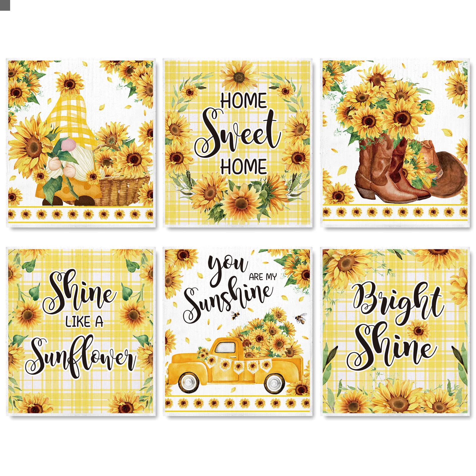 Whaline 6Pcs Sunflower Swedish Kitchen Dishcloths Yellow Flower Gnome Truck Dish Towel Bright Shine Sweet Home Spring Summer Cotton Absorbent Dish Cloth for Cleaning Housewarming, 6.9 x 7.7 Inch