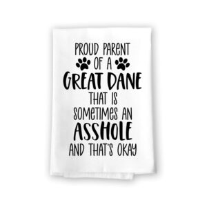 honey dew gifts, proud parent of a great dane that is sometimes an asshole, funny pet kitchen towels, absorbent dog themed hand and dish towel