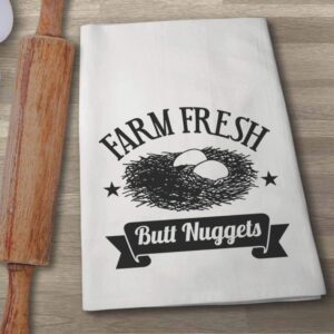 Honey Dew Gifts, Farm Fresh Butt Nuggets, Cotton Flour Sack Towel, 27 x 27 Inch, Made in USA, Funny Kitchen Towels, Eggs Home Decor, Humor Hand Towels, Farm Mom Gifts, Chicken Decor for Kitchen