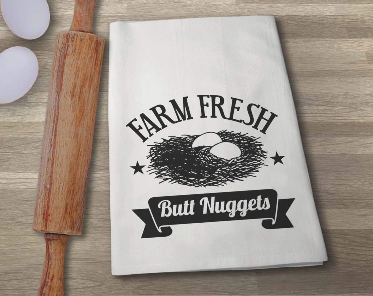 Honey Dew Gifts, Farm Fresh Butt Nuggets, Cotton Flour Sack Towel, 27 x 27 Inch, Made in USA, Funny Kitchen Towels, Eggs Home Decor, Humor Hand Towels, Farm Mom Gifts, Chicken Decor for Kitchen