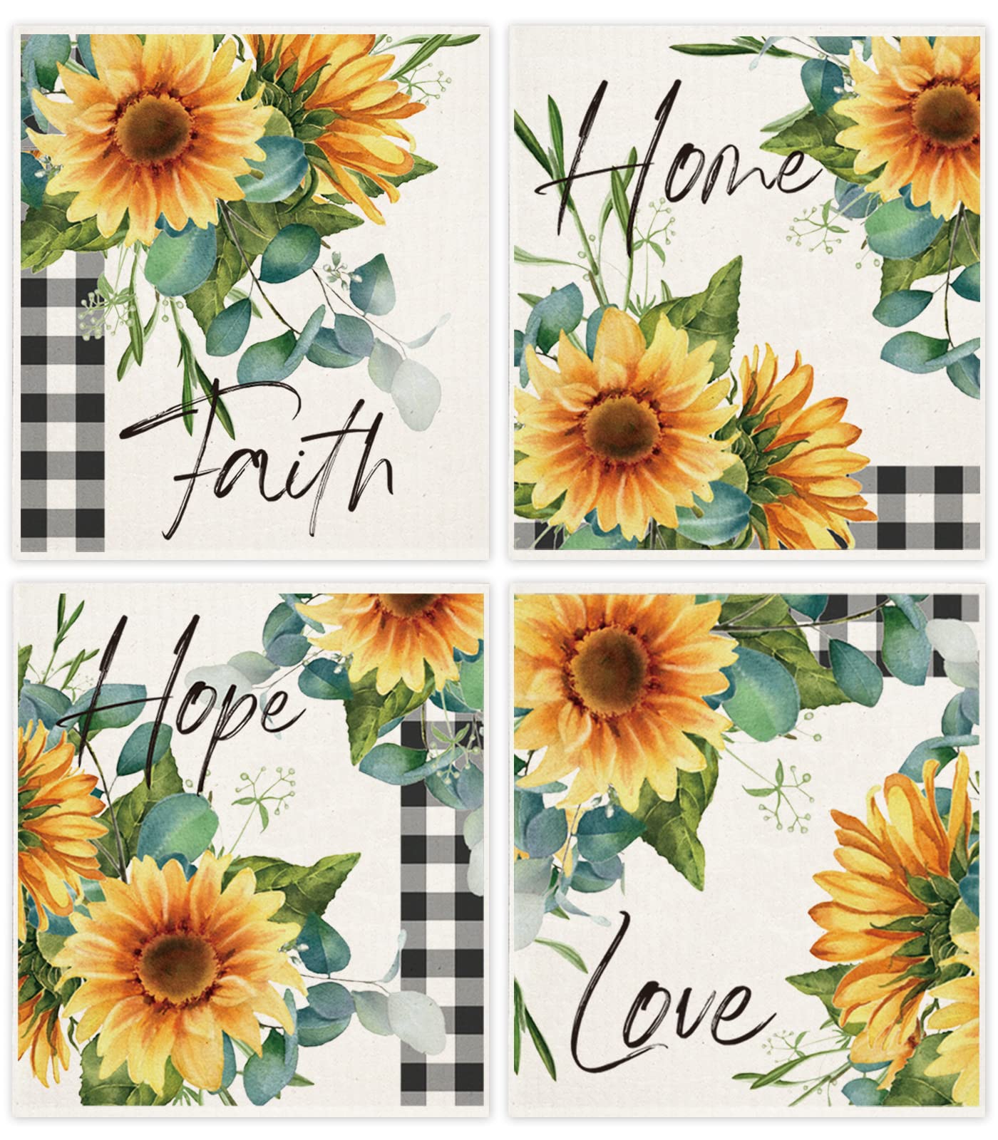 Whaline 4Pcs Sunflower Swedish Dishcloths Sunflower Kitchen Dish Towel Reusable Love Home Cotton Kitchen Towels for Baking Cooking Home Kitchen Bathroom Decor, 6.7 x 7.7Inch