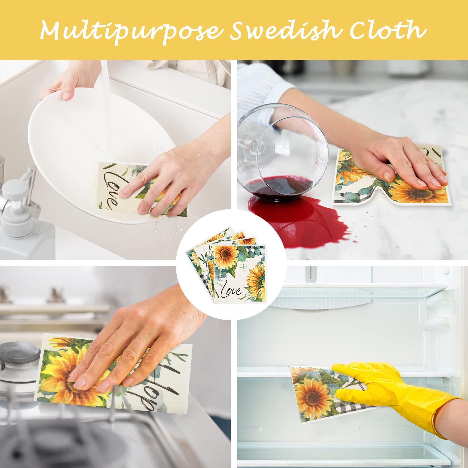 Whaline 4Pcs Sunflower Swedish Dishcloths Sunflower Kitchen Dish Towel Reusable Love Home Cotton Kitchen Towels for Baking Cooking Home Kitchen Bathroom Decor, 6.7 x 7.7Inch