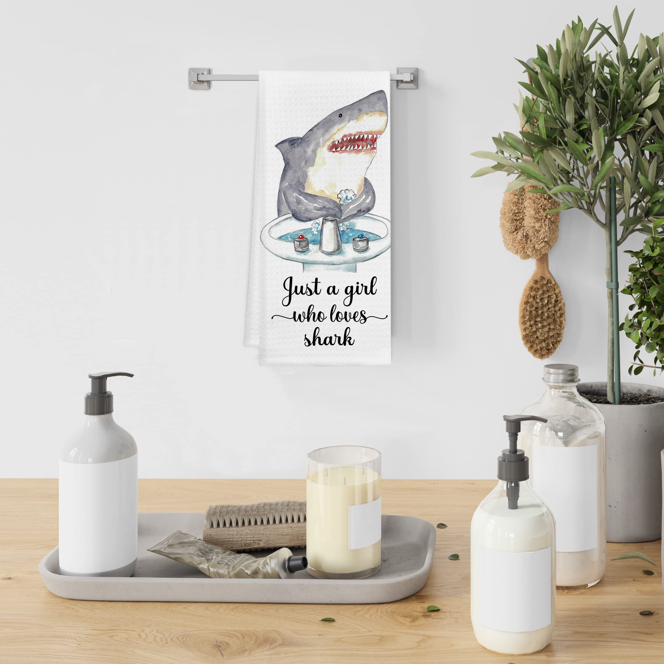 GICHUGI Just A Girl Who Loves Shark Kitchen Towels and Dishcloths,Funny Shark Taking Bath Decorative Dish Towels Hand Towels Tea Towels, Ocean Animal Decor for Shark Lovers,Gift for Girls Women