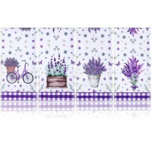 funtery set of 4 purple lavender kitchen towel decoration set purple flower hand towels spring themed absorbent and soft purple towels buffalo plaid dish towel boho farmhouse decor, 16 x 26 inches