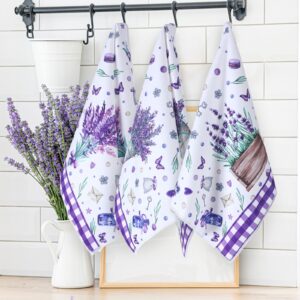 Funtery Set of 4 Purple Lavender Kitchen Towel Decoration Set Purple Flower Hand Towels Spring Themed Absorbent and Soft Purple Towels Buffalo Plaid Dish Towel Boho Farmhouse Decor, 16 x 26 Inches