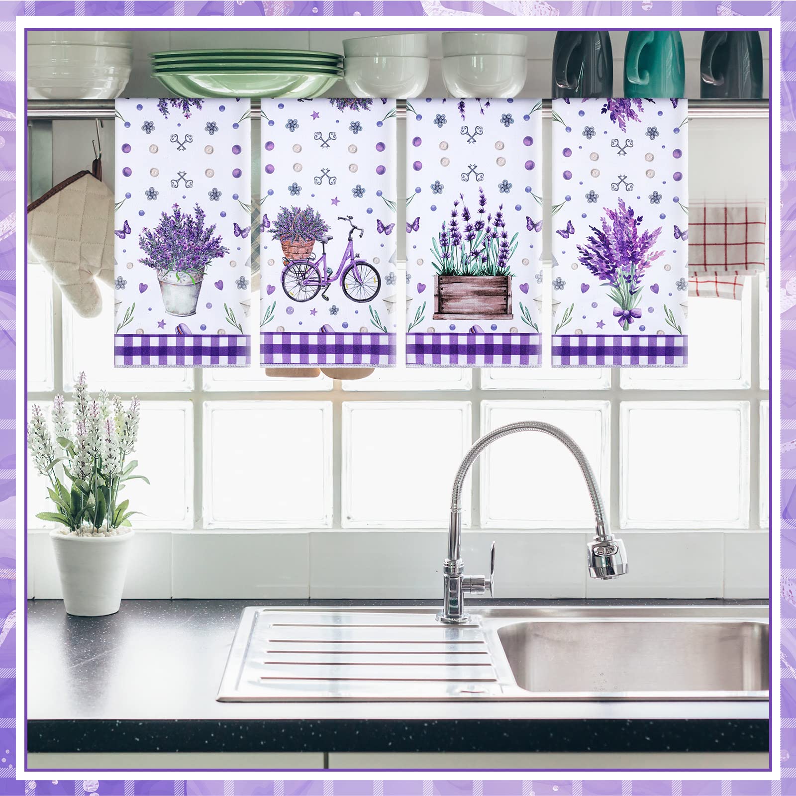 Funtery Set of 4 Purple Lavender Kitchen Towel Decoration Set Purple Flower Hand Towels Spring Themed Absorbent and Soft Purple Towels Buffalo Plaid Dish Towel Boho Farmhouse Decor, 16 x 26 Inches