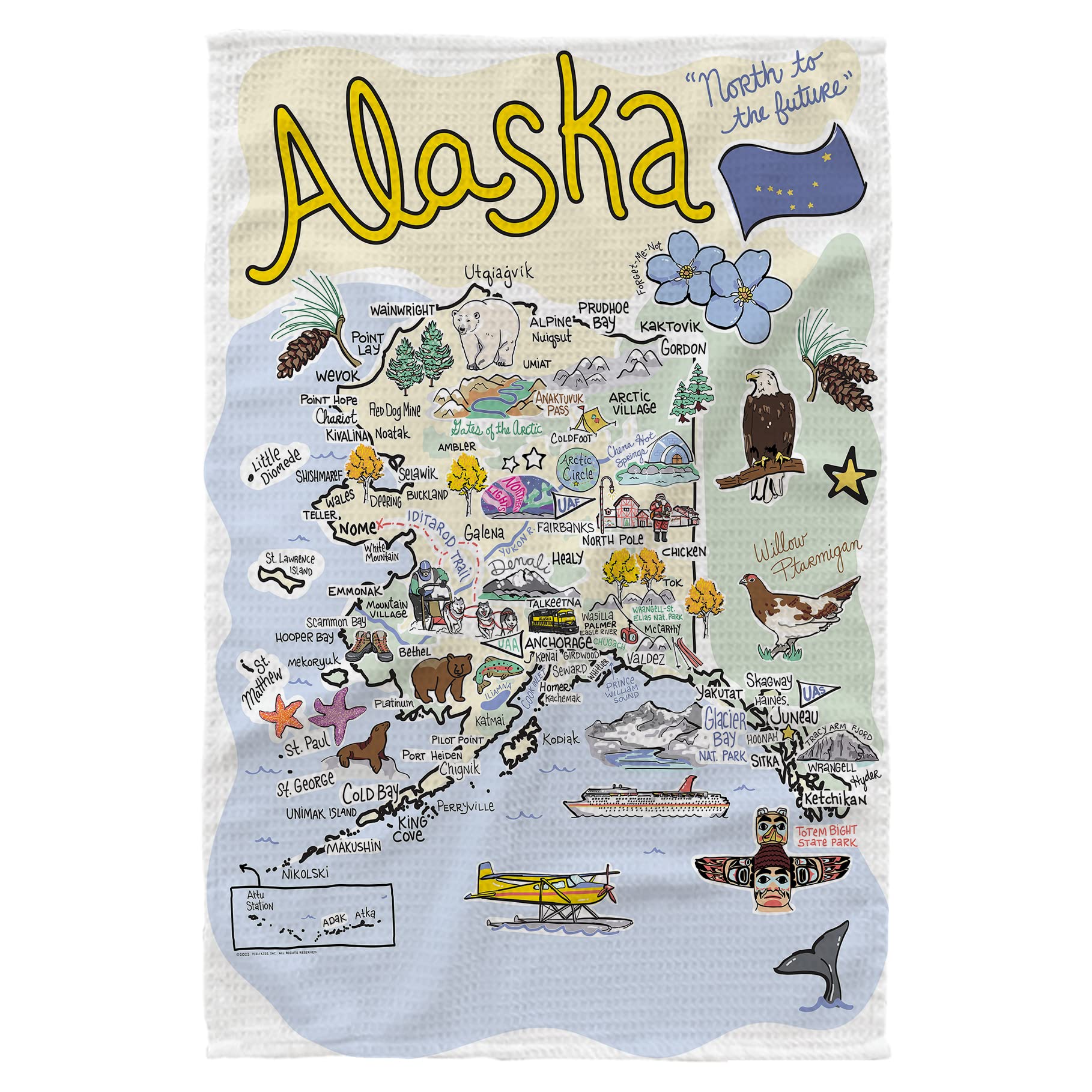 Fish Kiss® Alaska Map Dish Towel, Super Absorbent Kitchen Towel - 16" x 24, Alaska Map Tea Towel, Alaska Map Dish Cloth, Alaska Map Baby Burp Cloth, Alaska Map Bar Towel