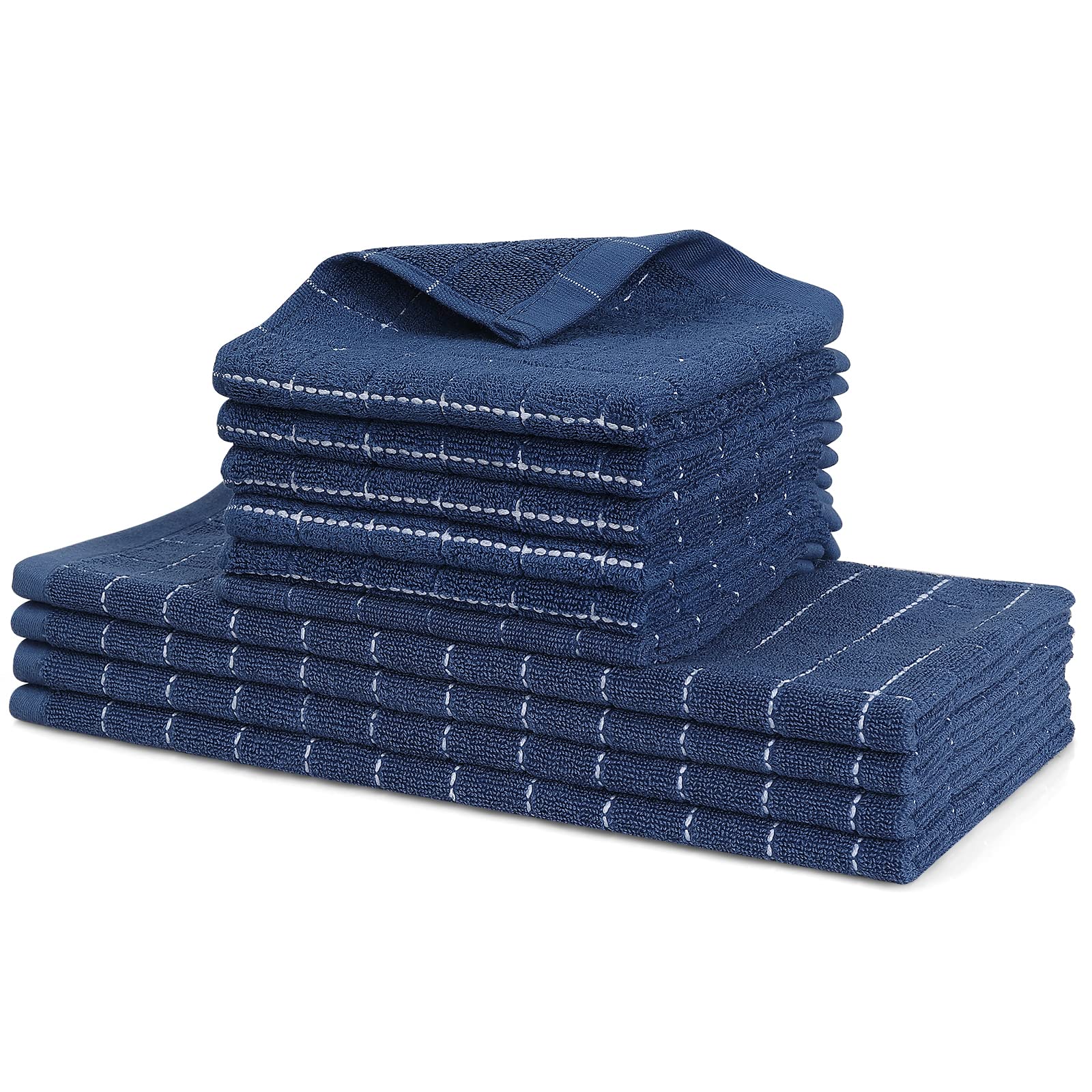 Homaxy Kitchen Towels and Dishcloths Set, 12 x 12 and 13 x 28 Inches, Set of 10 Bulk Cotton Terry Kitchen Towels Set, Checkered Designed, Soft and Super Absorbent Dish Towels, Navy Blue