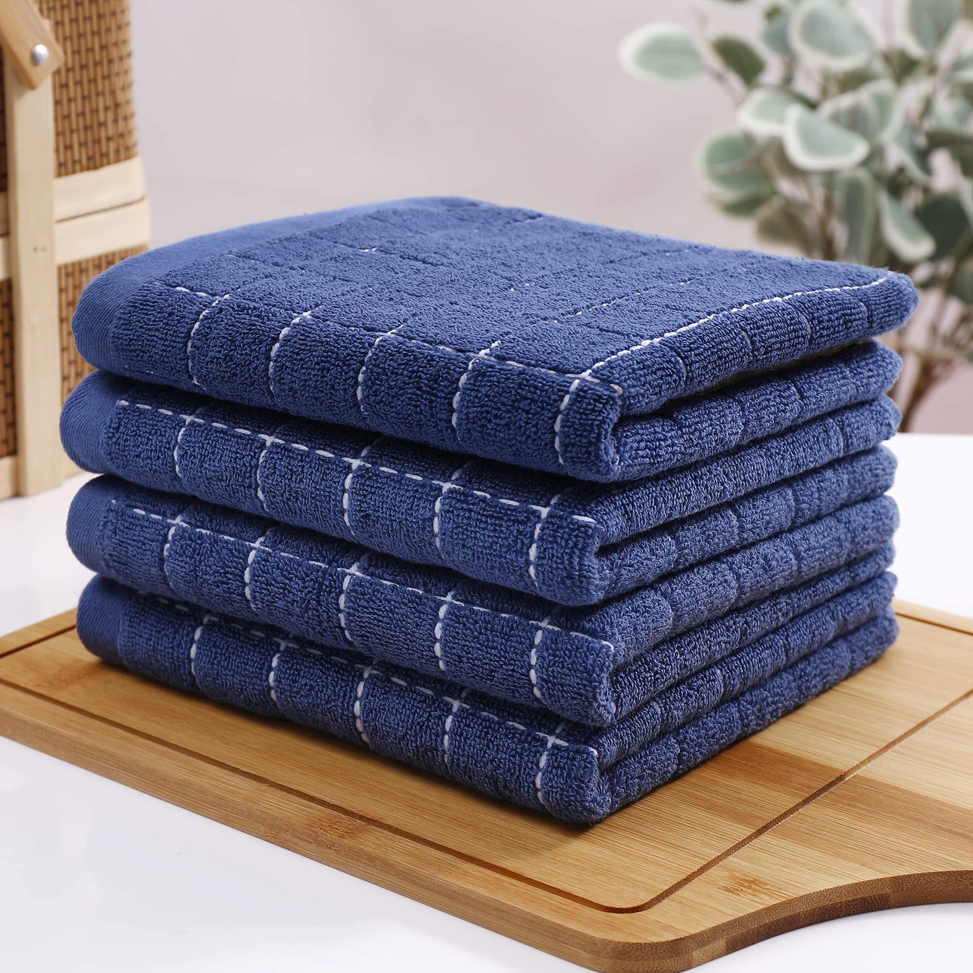 Homaxy Kitchen Towels and Dishcloths Set, 12 x 12 and 13 x 28 Inches, Set of 10 Bulk Cotton Terry Kitchen Towels Set, Checkered Designed, Soft and Super Absorbent Dish Towels, Navy Blue