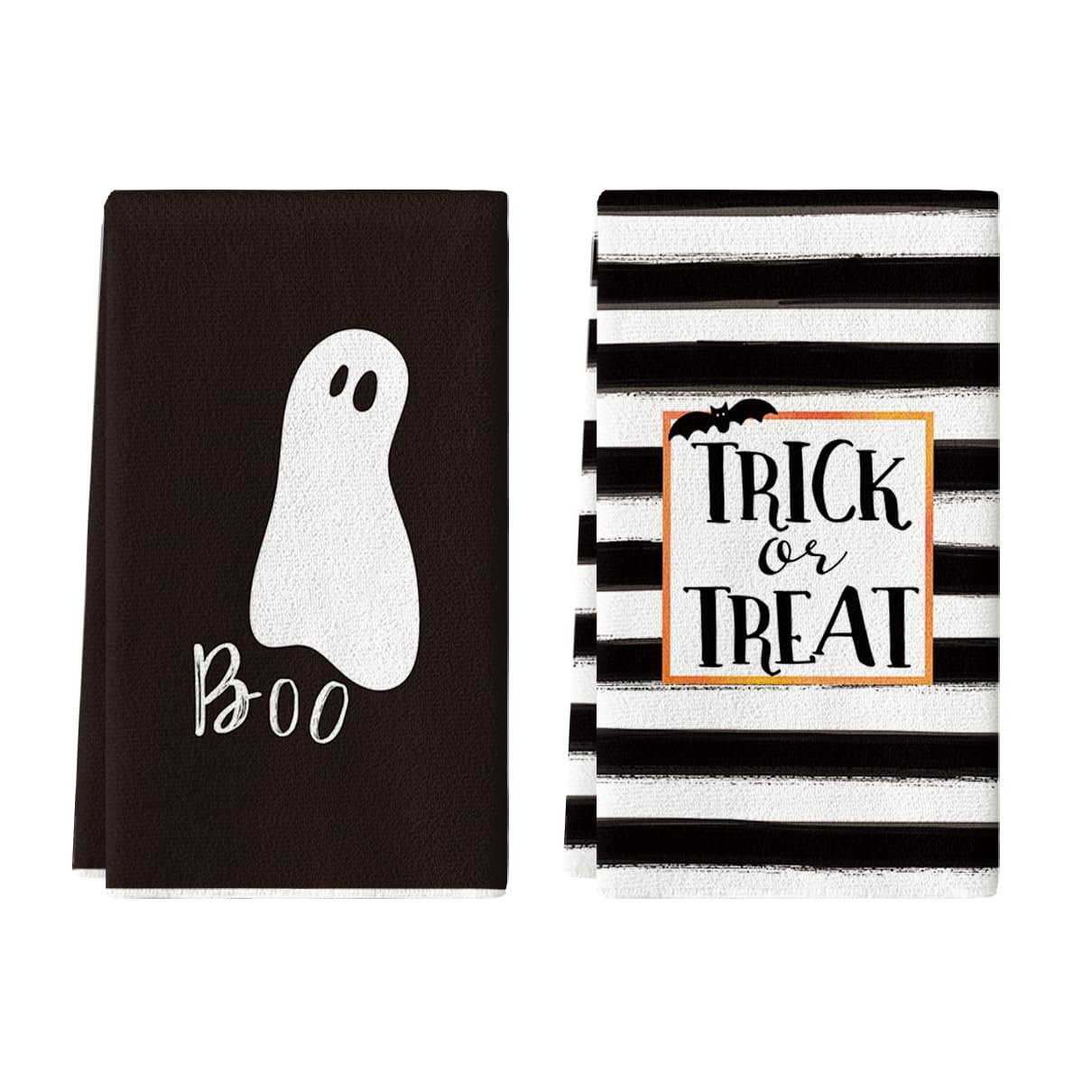 Artoid Mode Trick or Treat Halloween Kitchen Towels Dish Towels, 18 x 26 Inch Stripes Boo Ghost Holiday Ultra Absorbent Drying Cloth Hand Towels for Cooking Baking Set of 2