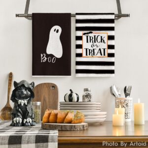 Artoid Mode Trick or Treat Halloween Kitchen Towels Dish Towels, 18 x 26 Inch Stripes Boo Ghost Holiday Ultra Absorbent Drying Cloth Hand Towels for Cooking Baking Set of 2