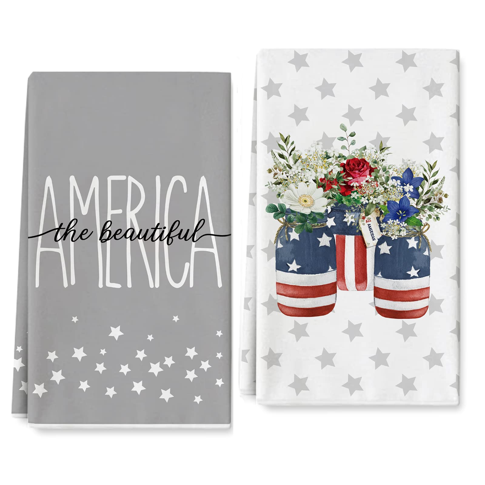 AnyDesign Patriotic Kitchen Dish Towel 18 x 28 Inch 4th of July Gray American Stars Dishcloth America The Beautiful Hand Drying Tea Towel for Independence Day Memorial Day Cooking Baking, 2Pcs