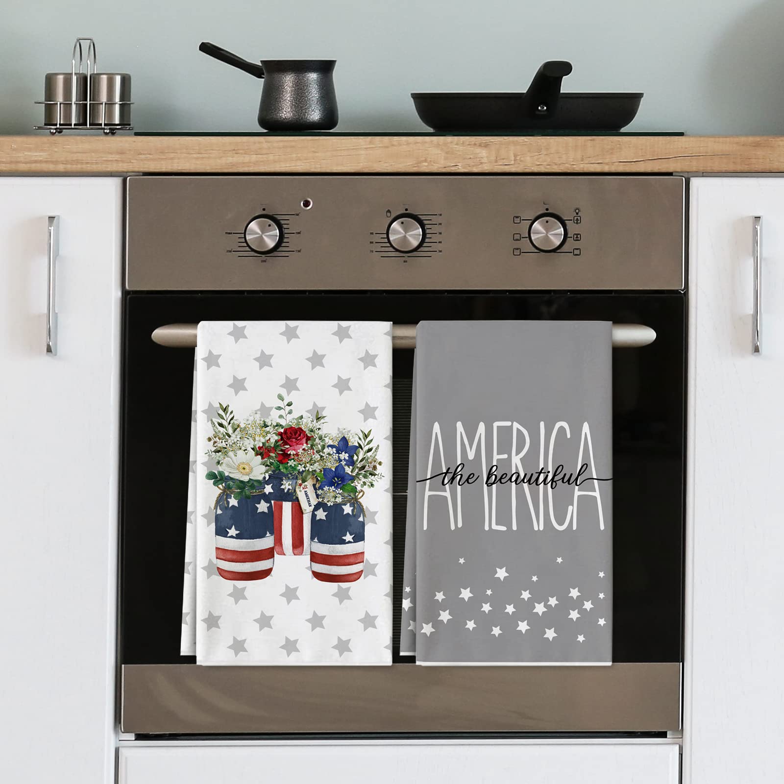 AnyDesign Patriotic Kitchen Dish Towel 18 x 28 Inch 4th of July Gray American Stars Dishcloth America The Beautiful Hand Drying Tea Towel for Independence Day Memorial Day Cooking Baking, 2Pcs