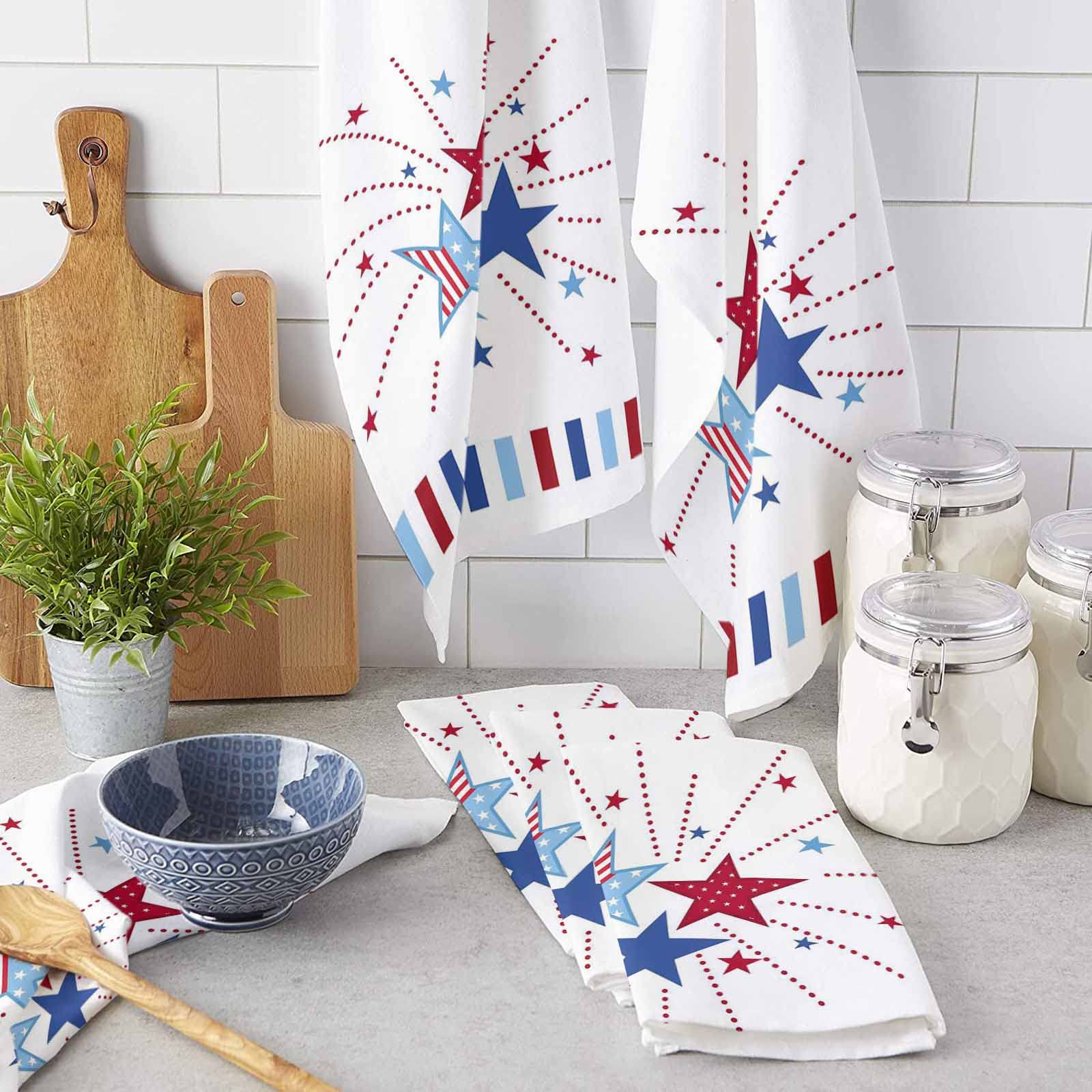 Pangeelia Fourth of July Star Patriotic Microfiber Kitchen Towel Super Absorbent Hand Towels Dish for Bathroom Bar Decorative Independence Day USA Flag Soft Resuable Cloths Fast Drying Red Blue 2pcs