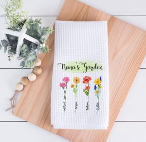 studio 9thirty3 grandma's garden kitchen towel with names, personalized, birth month flower gift, gift from grandkids