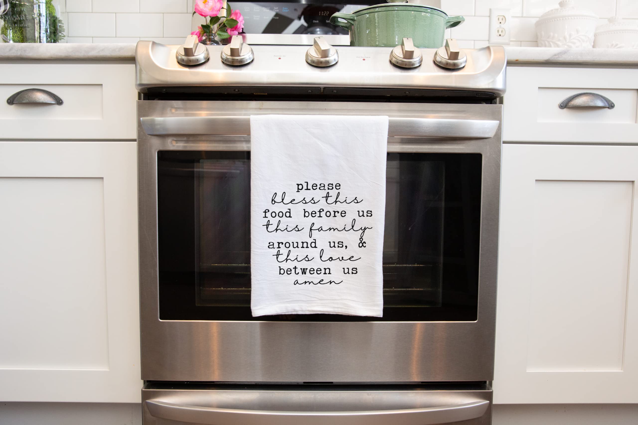 Handmade Kitchen Towel - 100% Cotton Dish Towels with Christian Family Food Blessing - Valentine Engagement Bridal Shower Newlywed Hostess Gift (Bless this Food Christian Towel)