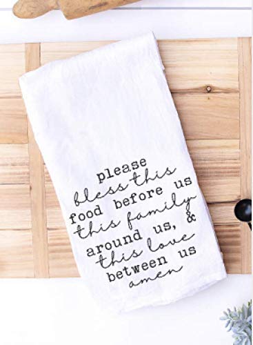 Handmade Kitchen Towel - 100% Cotton Dish Towels with Christian Family Food Blessing - Valentine Engagement Bridal Shower Newlywed Hostess Gift (Bless this Food Christian Towel)