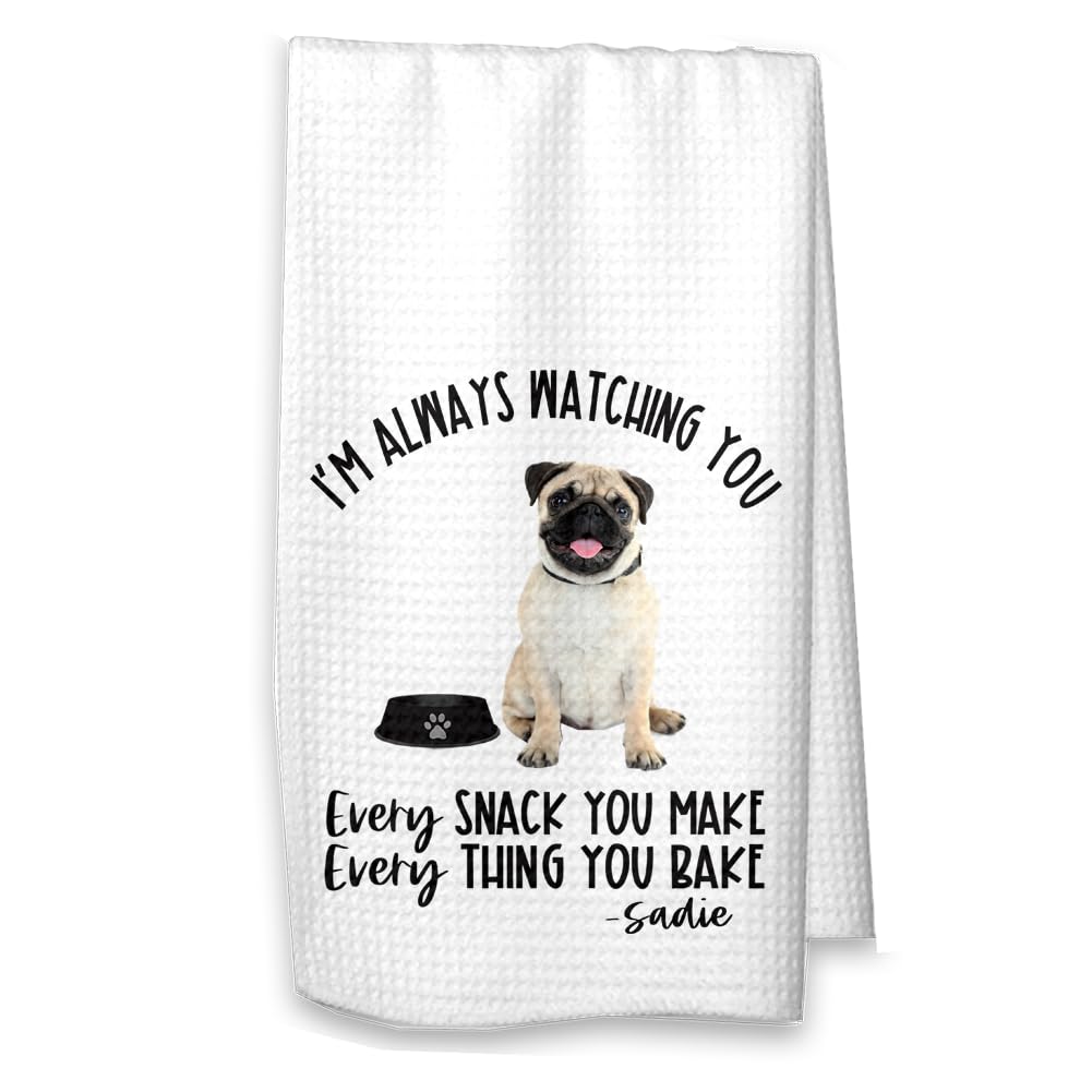 The Creating Studio Personalized Pug Kitchen Towel, Pug Gift, Housewarming Gift Hostess Gift Always Watching You (Brown Pug with Name)