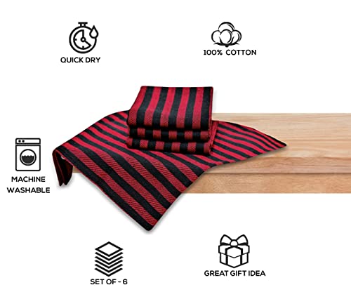 6 Pack Red Cotton Dish Towels - 16 X 27 Inch - Kitchen Towel Linen - Classic Farmhouse Dish Towels - Cotton Tea Towels - Black Striped Dish Towels - Striped Cotton Towels, Reusable, Red & Black