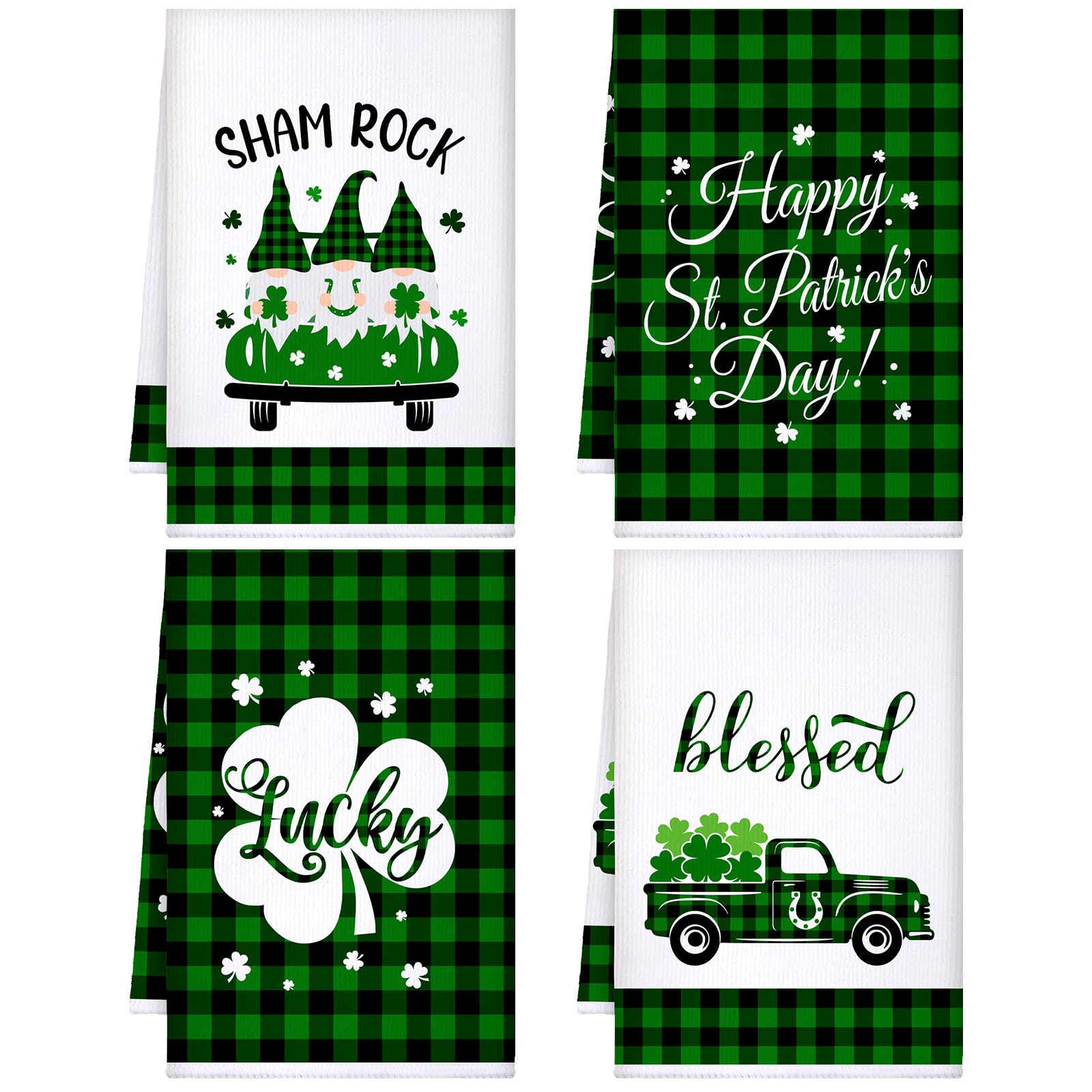 Honoson St Patrick's Day Dish Towel Kitchen Towel Absorbent Fast Drying Cloth Decorative Shamrock Gnomes Tea Towels Decorative Dishcloths for Kitchen Bathroom Home, 16 x 24 Inch(Shamrock)