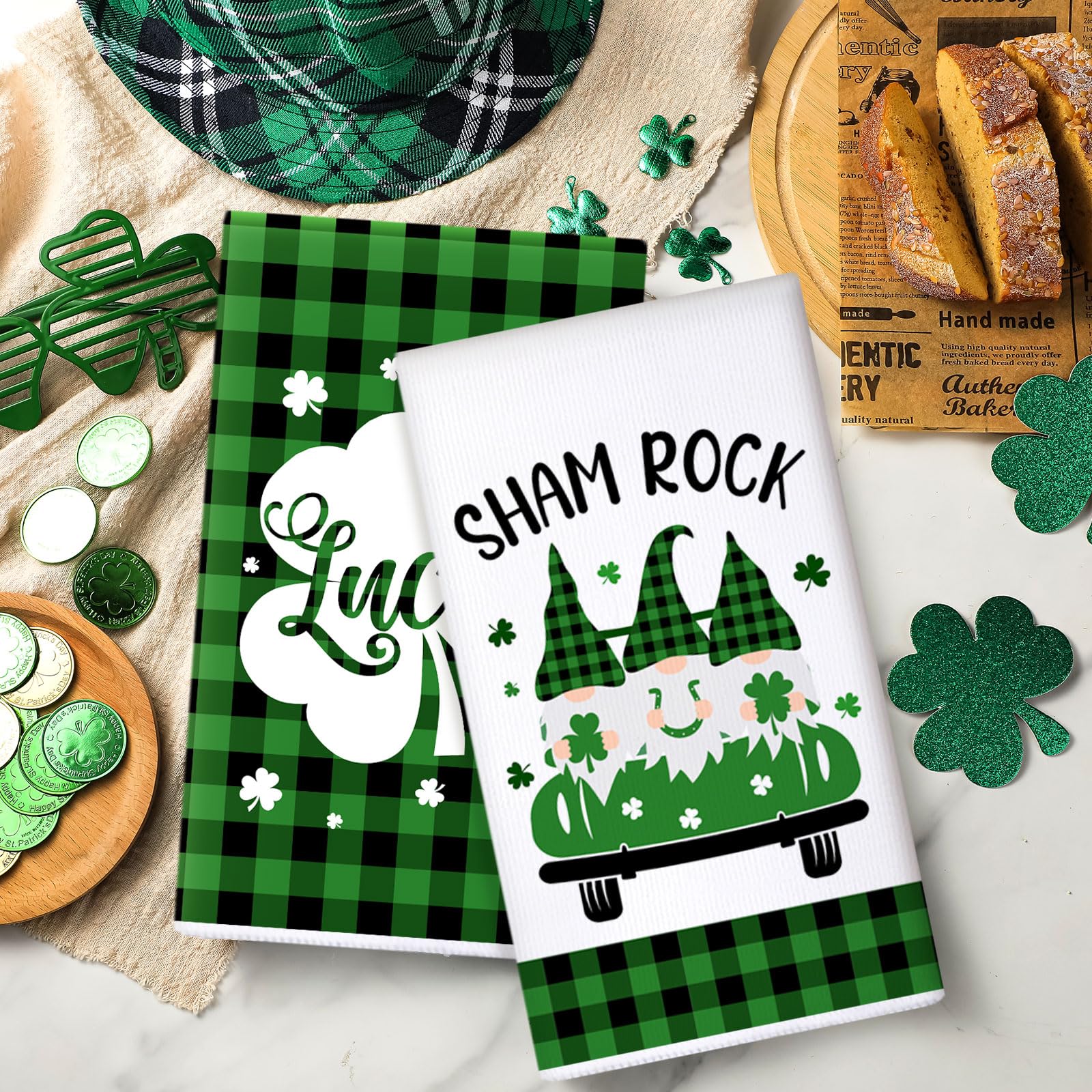 Honoson St Patrick's Day Dish Towel Kitchen Towel Absorbent Fast Drying Cloth Decorative Shamrock Gnomes Tea Towels Decorative Dishcloths for Kitchen Bathroom Home, 16 x 24 Inch(Shamrock)