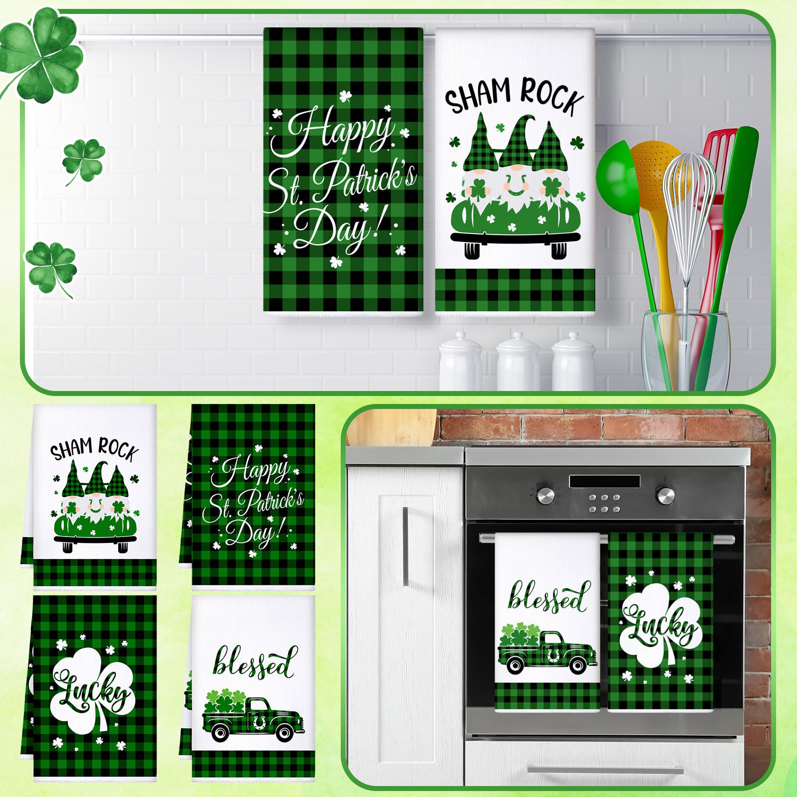 Honoson St Patrick's Day Dish Towel Kitchen Towel Absorbent Fast Drying Cloth Decorative Shamrock Gnomes Tea Towels Decorative Dishcloths for Kitchen Bathroom Home, 16 x 24 Inch(Shamrock)