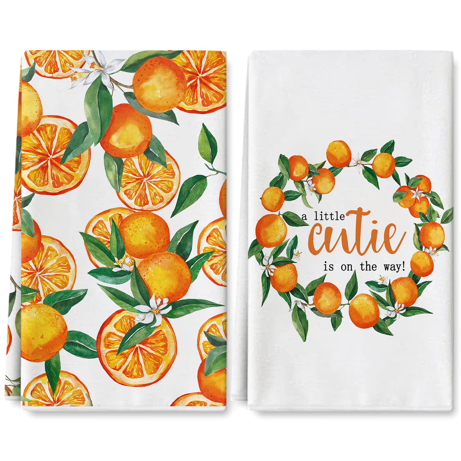 AnyDesign Orange Kitchen Dish Towel 18 x 28 Inch Little Cutie Tangerine Dishcloth Watercolor Fruit Decorative Hand Drying Tea Towel for Cooking Baking Cleaning Wipes, Set of 2