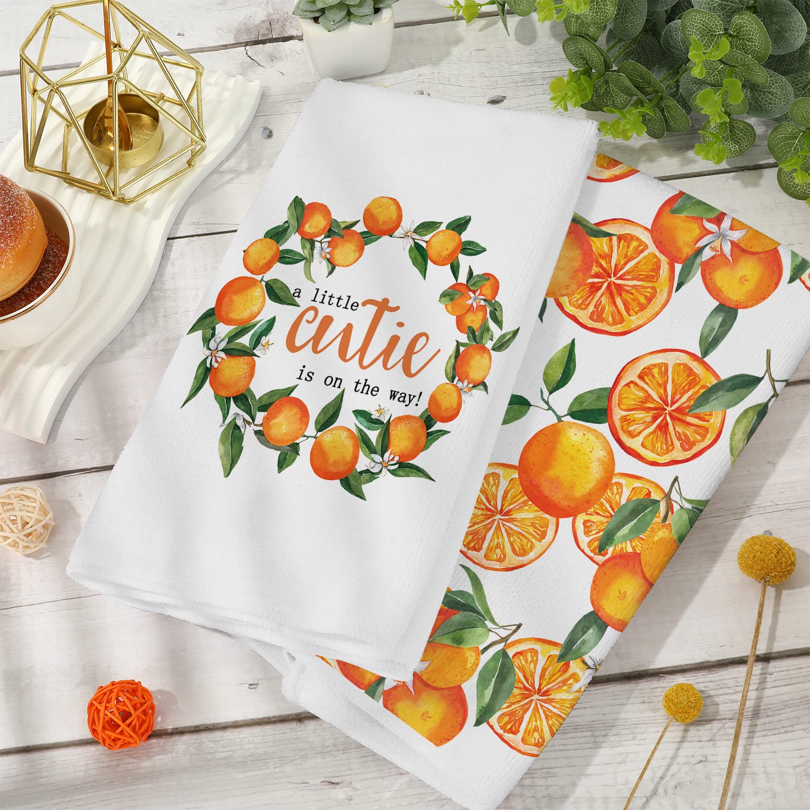 AnyDesign Orange Kitchen Dish Towel 18 x 28 Inch Little Cutie Tangerine Dishcloth Watercolor Fruit Decorative Hand Drying Tea Towel for Cooking Baking Cleaning Wipes, Set of 2