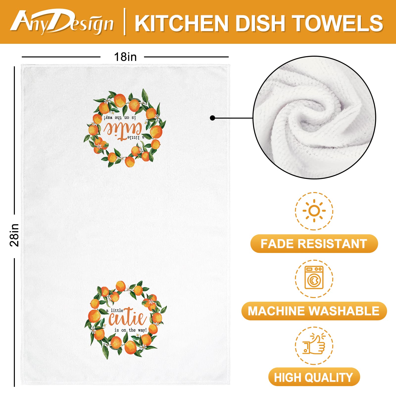 AnyDesign Orange Kitchen Dish Towel 18 x 28 Inch Little Cutie Tangerine Dishcloth Watercolor Fruit Decorative Hand Drying Tea Towel for Cooking Baking Cleaning Wipes, Set of 2