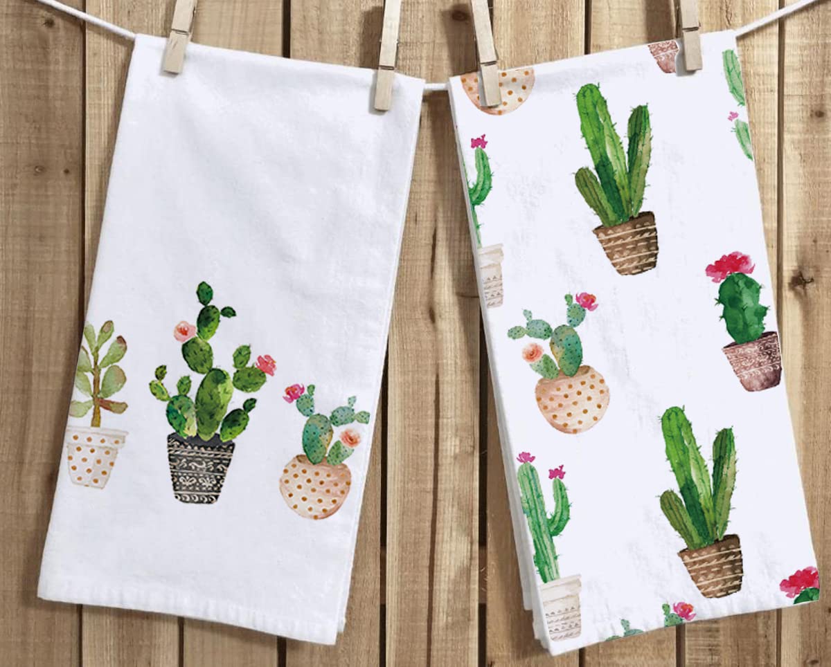 Watercolor Cactus Kitchen Dish Towel 18 x 28 Inch, Seasonal Spring Summer Cacti Towels Dish Cloth for Cooking Baking Set of 2