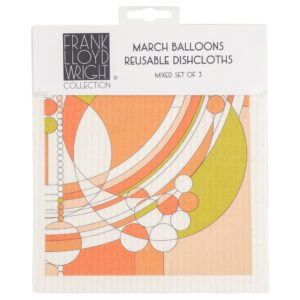 kaf home frank lloyd wright swedish dish cloths (6.7 x 7.5-inch) - set of 3 reusable, absorbent cellulose sponge towels for kitchen, cleaning counters, and washing dishes (march balloons)