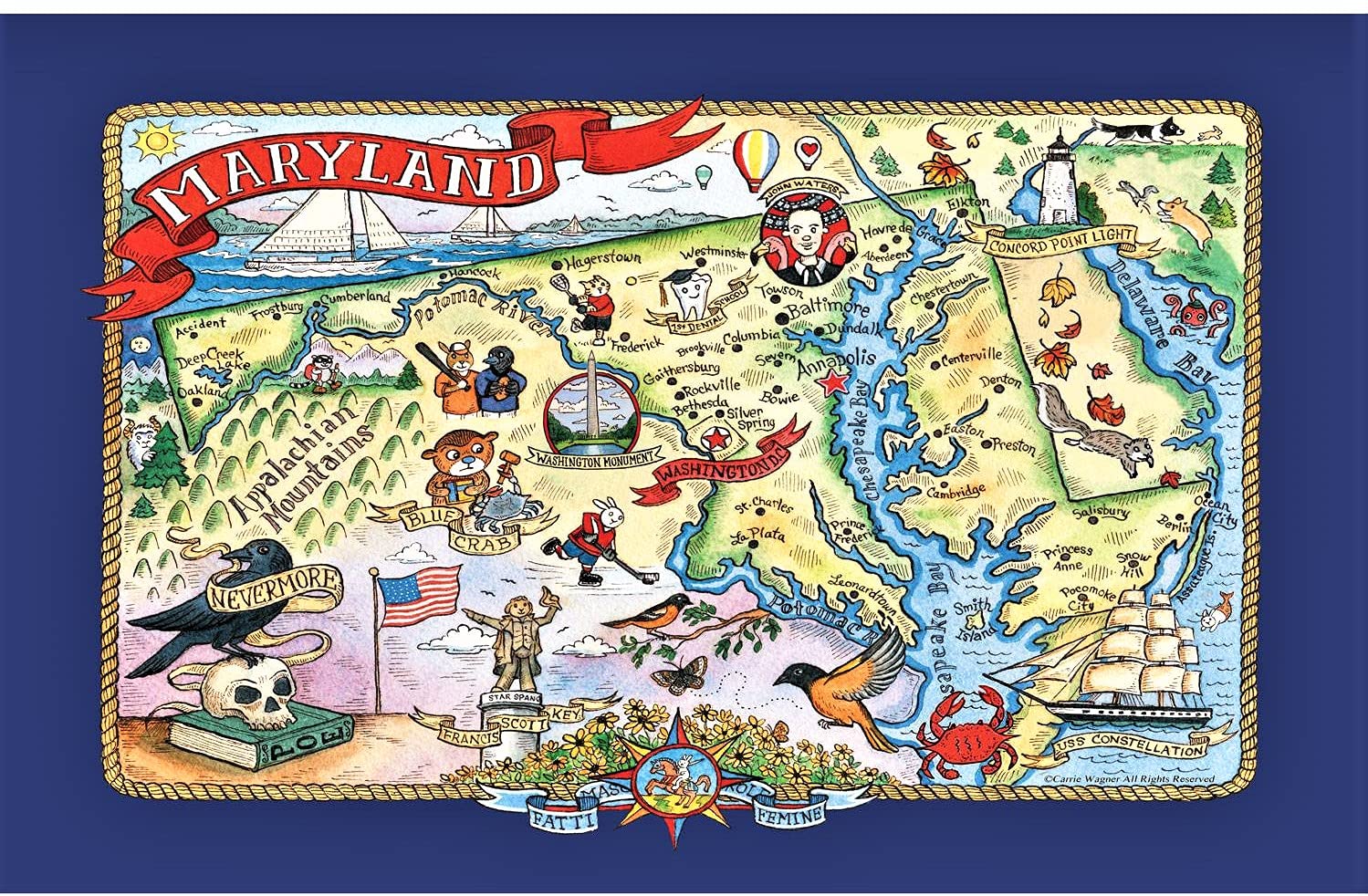 Kay Dee Maryland Tea Towel Adventure Destinations Vacation Souvenir Pictorial Poster Style Map Kitchen Towel Multicolor 18 in x 28 in