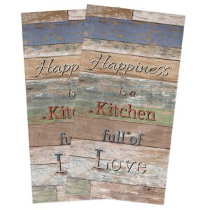 kitchen dish towels 2 pack-super absorbent soft microfiber,rustic wooden grain quotes happiness is a kitchen full of love cleaning dishcloth hand towels tea towels for kitchen bathroom bar
