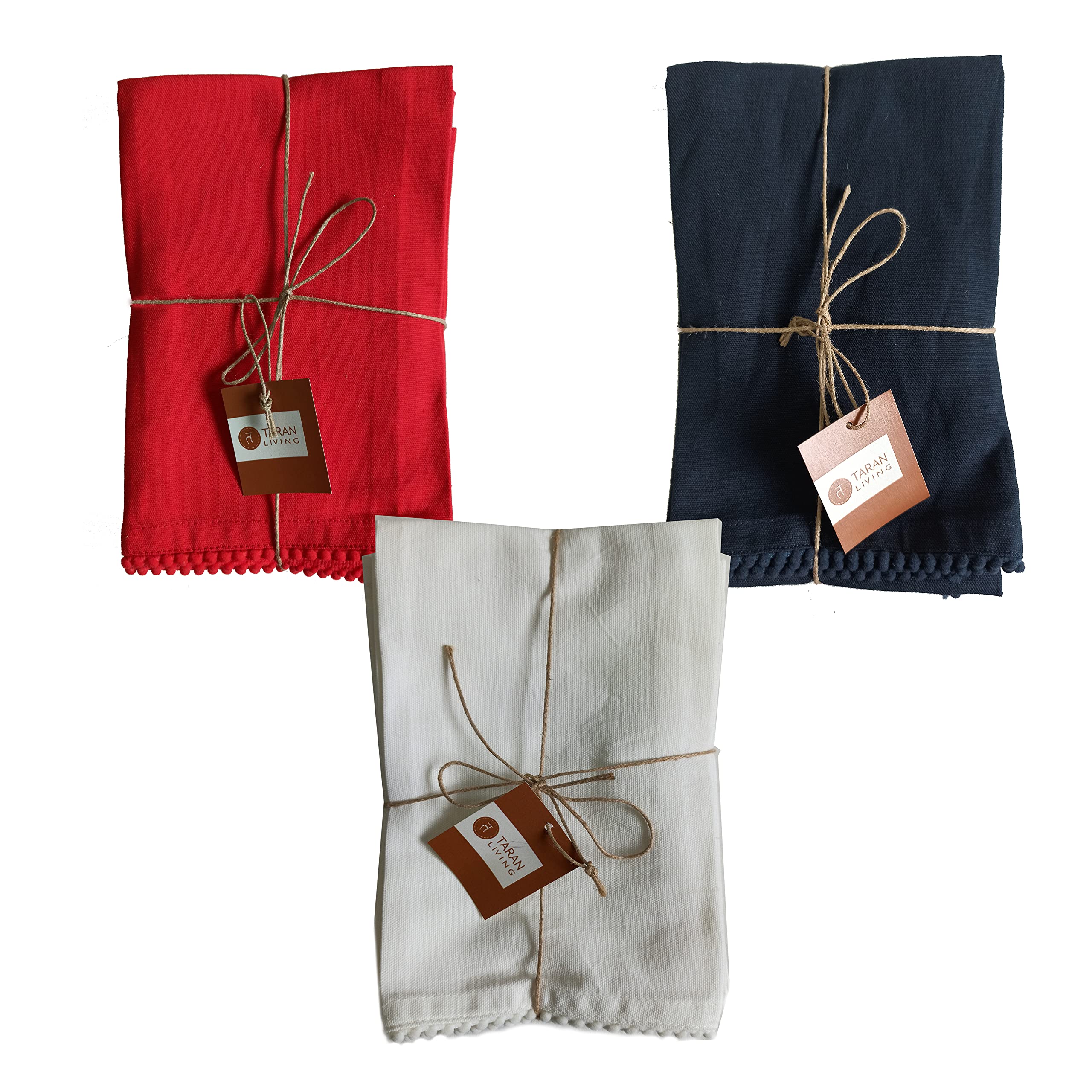 TARAN LIVING Kitchen Towels Pack in red Blue White for Embroidery, Paint, Craft, Party. Bar Cloth, Dish Towels/Tea Towels, Each Color has 6 Fabric Cloth with Trim ant Bottom and Loop Hanging.