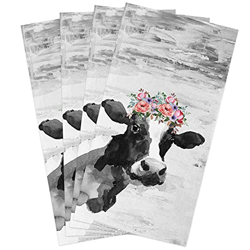 4 Pack Dish Towel for Kitchen,Absorbent Dishes Cloth Abstract Farmhouse Black White Milk Cow Pink Flowers Soft Hand Towels for Home Cleaning Quick Drying Bathroom Cloths Terry Wild Farm Animals