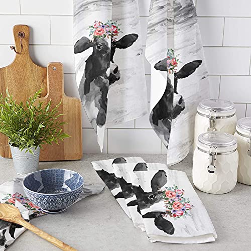 4 Pack Dish Towel for Kitchen,Absorbent Dishes Cloth Abstract Farmhouse Black White Milk Cow Pink Flowers Soft Hand Towels for Home Cleaning Quick Drying Bathroom Cloths Terry Wild Farm Animals