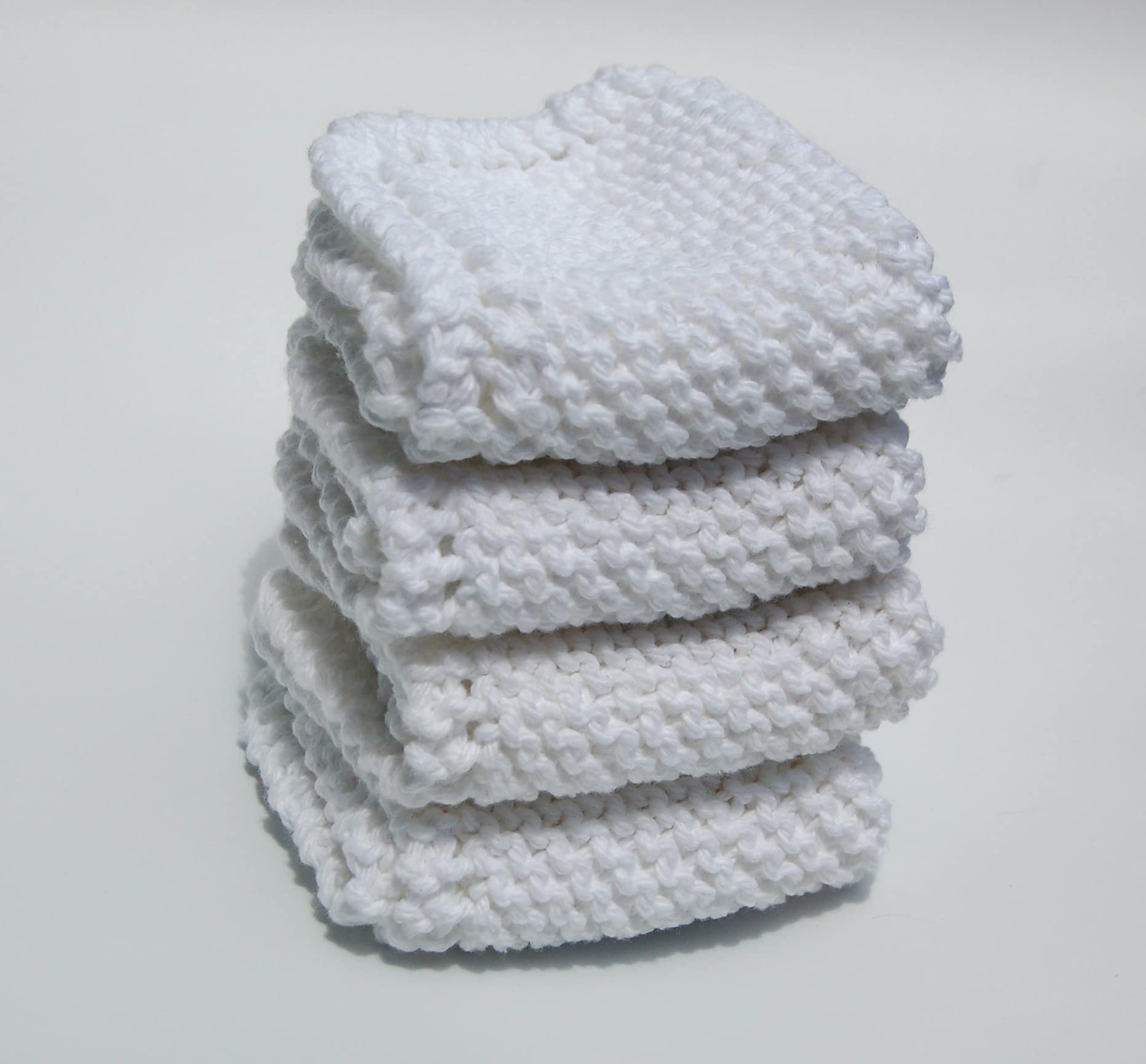 Hand Knitted Washcloths, Set of 4 in 100% white cotton!