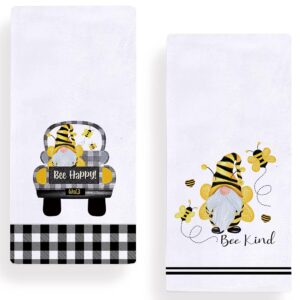 set of 2 buffalo plaid bee gnome kitchen dish towel 18 x 28 inch, seasonal spring summer bee happy tea towels dish cloth for cooking baking