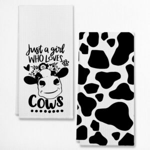 just a girl who loves cows kitchen towels & tea towels, dish cloth flour sack hand towel for farmhouse kitchen decor,24 x 16 inches cotton modern dish towels dishcloths set of 2,cow lovers girls gift
