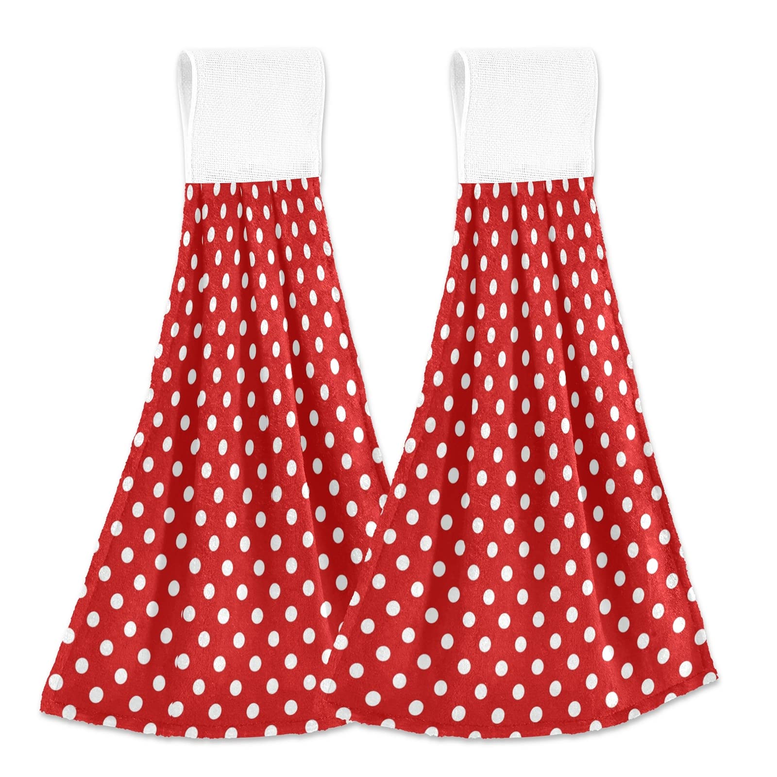 Red White Polka Dot Kitchen Hanging Towel 12 x 17 Inch Bath Hand Tie Towels Set 2 Pcs Tea Bar Dish Cloths Dry Towel Soft Absorbent Durable for Bathroom Laundry Room Decor