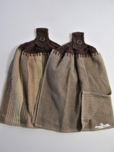 set of 2 brown & tan doubled chevron design hanging kitchen towels with brown cotton crochet top - best quality