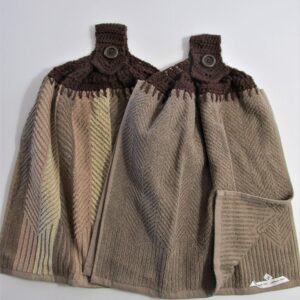 Set of 2 Brown & Tan Doubled Chevron Design Hanging Kitchen Towels with Brown Cotton Crochet Top - Best Quality